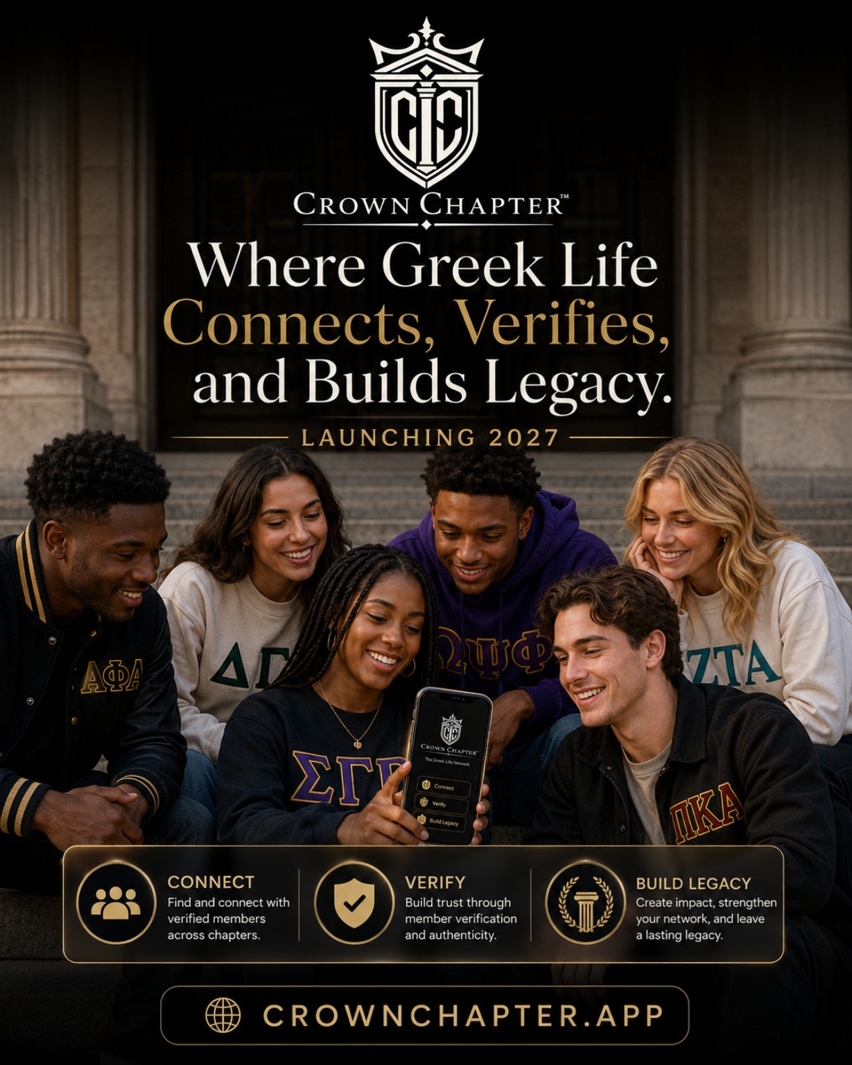 Crown Chapter™ launch graphic with students using the app